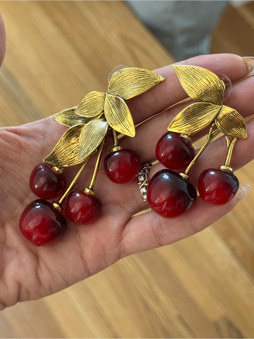 Vintage Gold-Tone Cherry Drop Earrings with Red Accents - Women Jewelry